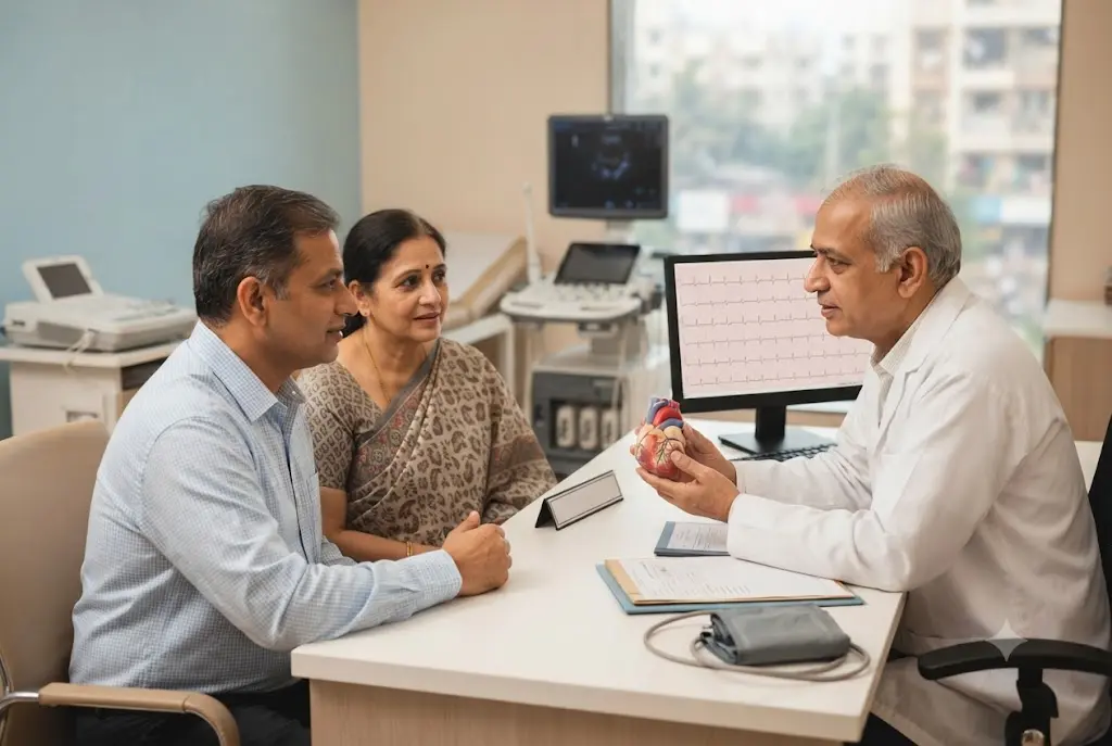 Cardiologist consulting with patients and explaining heart health in a modern clinic